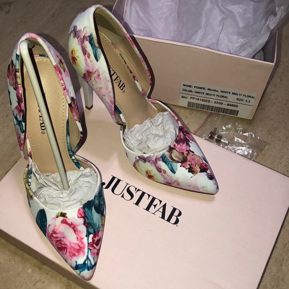 JustFab MWOT white multi floral high heels
